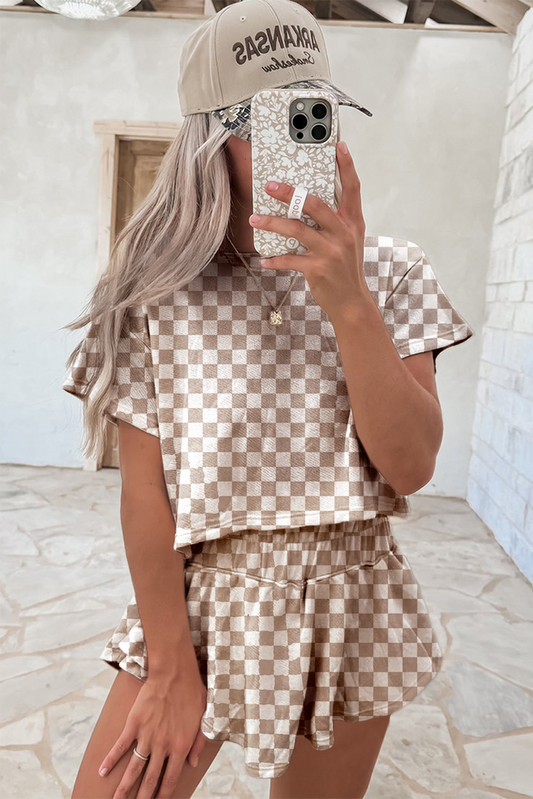 Brown Checkerboard T Shirt and High Waist Skorts 2 Piece Outfit-Bella Boutique Collective