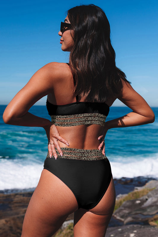 Black Rose Leopard Mesh Trim 2pcs Bikini Swimsuit-Bella Boutique Collective