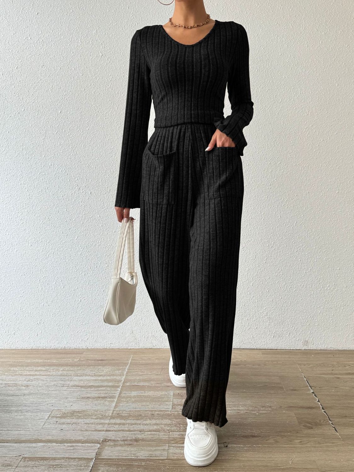 Ribbed V-Neck Long Sleeve Top and Pocketed Pants Set-Bella Boutique Collective