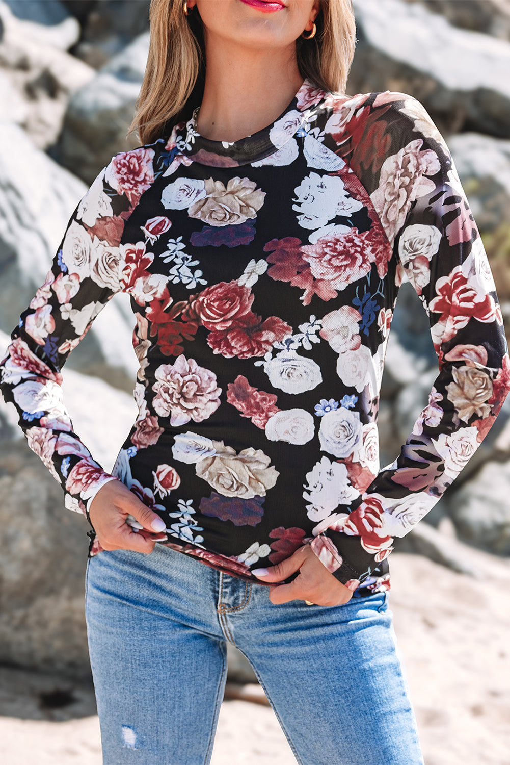 Pink Mesh Floral Print Mock Neck Long Sleeve Slim Top-Bella Boutique Collective