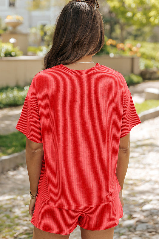 Ribbed Textured Knit Loose Fit Tee and Shorts Set-Bella Boutique Collective