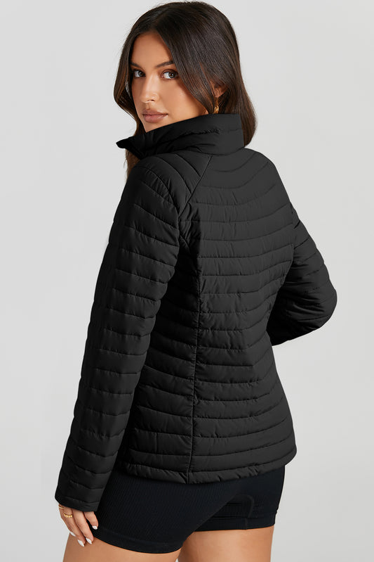 Black Solid Color Quilted Zip-up Puffer Jacket-Bella Boutique Collective
