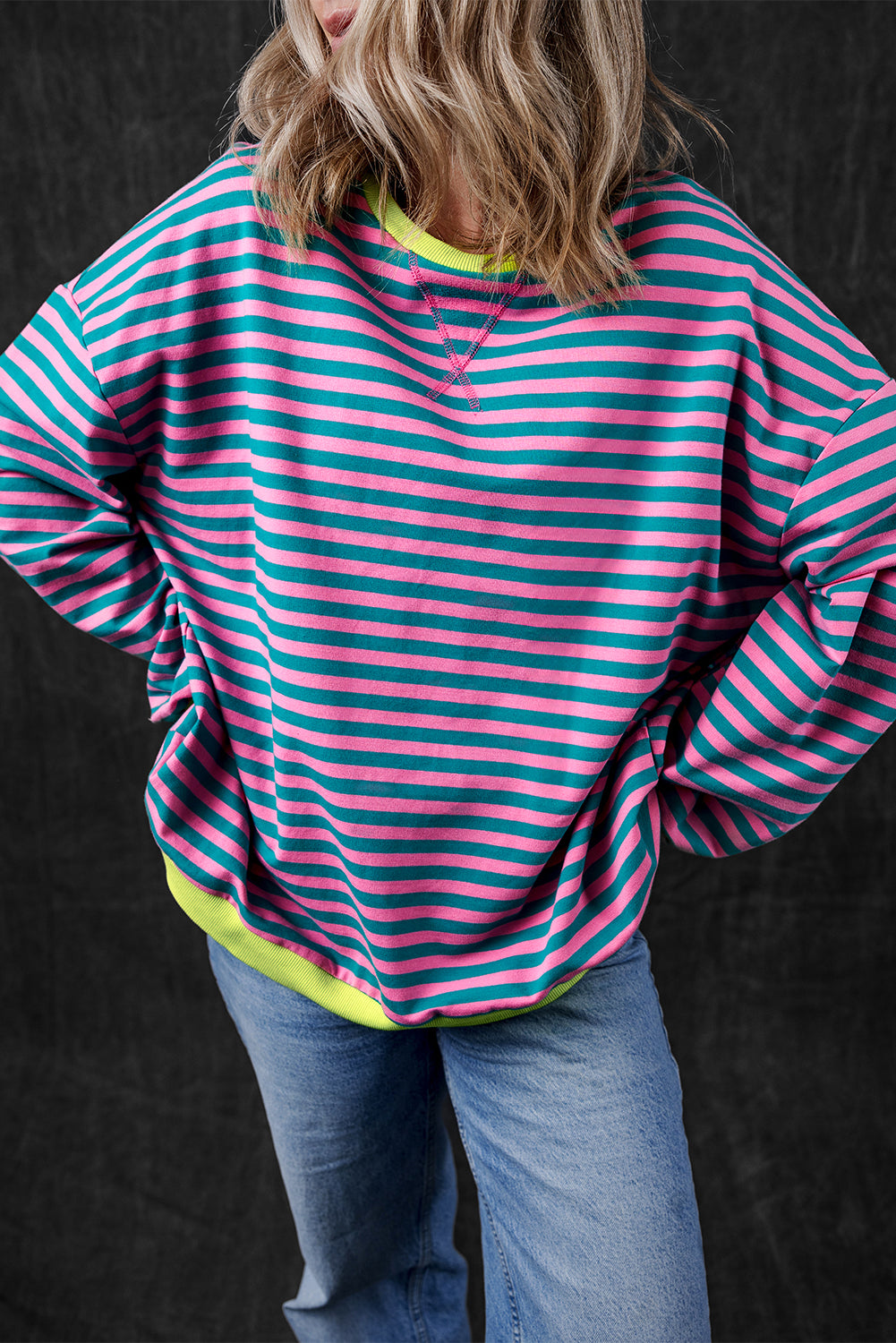Green Stripe Oversized Contrast Trim Pullover Sweatshirt-Bella Boutique Collective