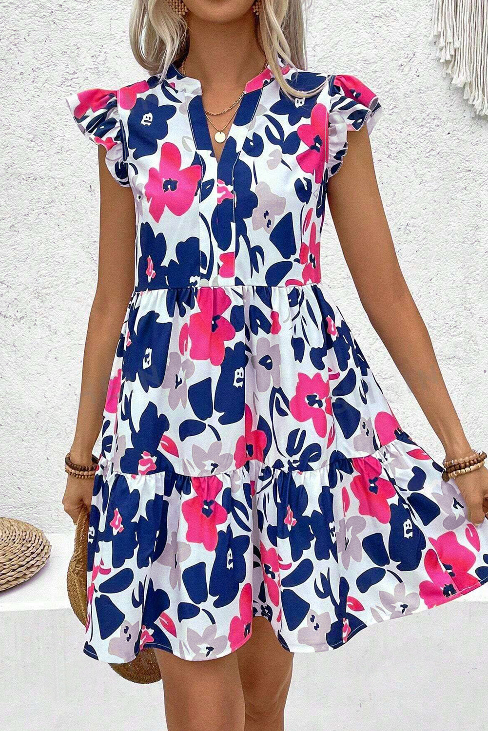 Fashion Floral Print Notched Neck Flutter Sleeve Mini Dress-Bella Boutique Collective