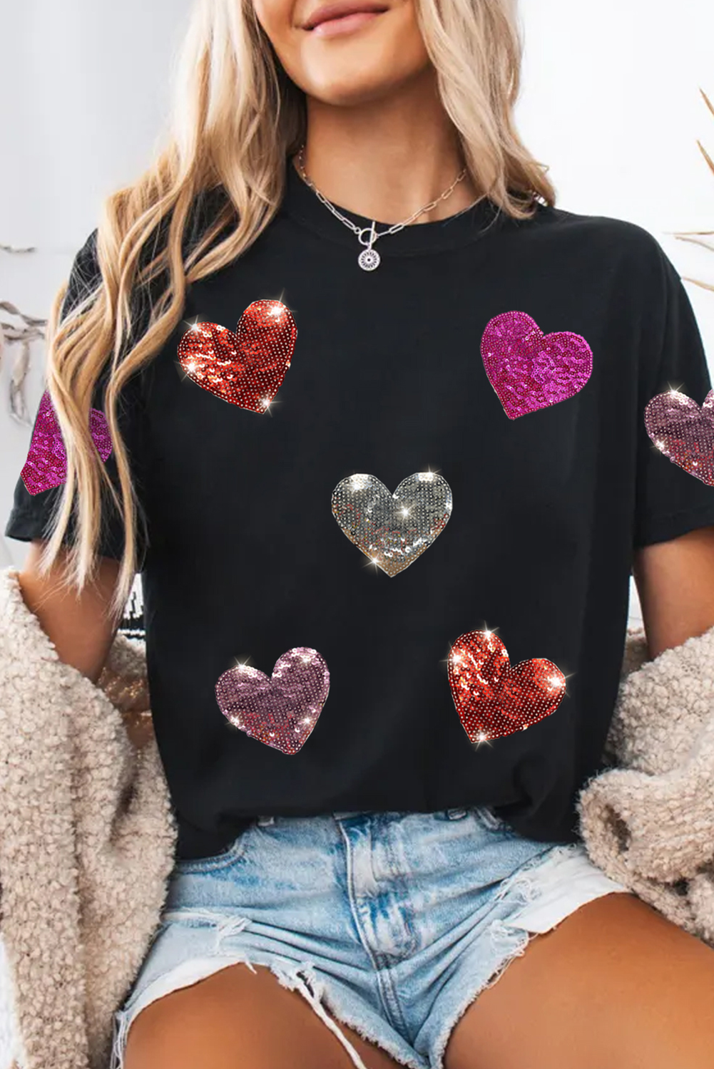 Black Sequin Heart Patched Pattern Crewneck Valentines Tee-Bella Boutique Collective