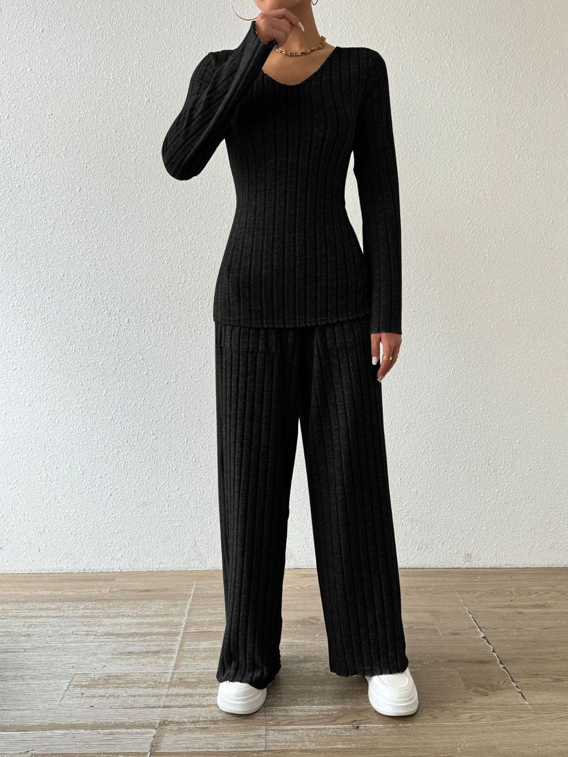 Ribbed V-Neck Long Sleeve Top and Pocketed Pants Set-Bella Boutique Collective