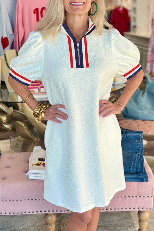 White Textured Jacquard Colorblock Edge Puff Sleeve Quarter Zip Mini Dress-Bella Boutique Collective