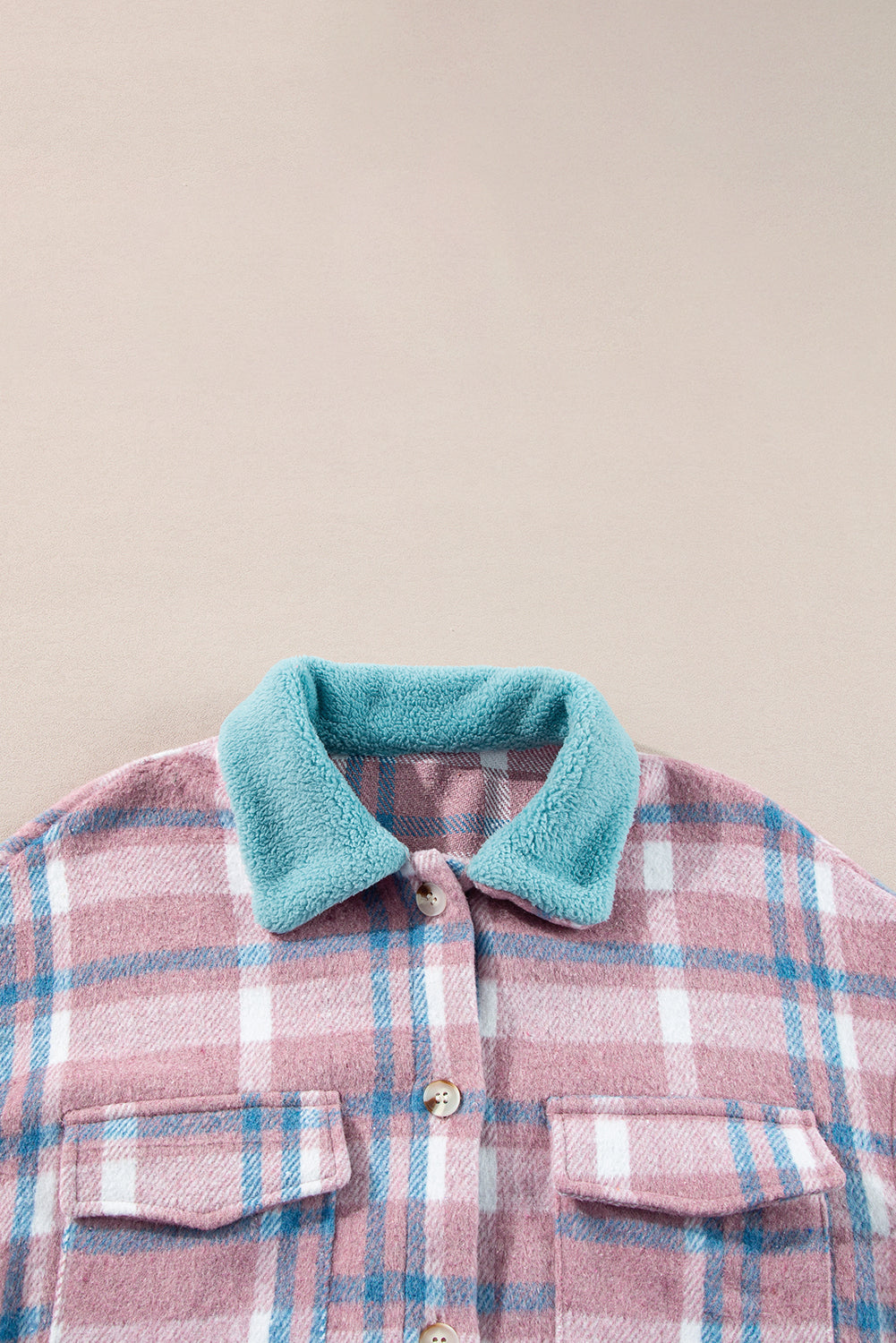 Pink Plaid Print Color Block Collared Flap Pockets Loose Shacket-Bella Boutique Collective
