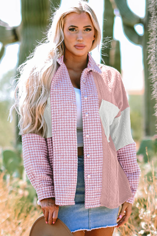 Pink Houndstooth Color Contrast Textured Patchwork Loose Shacket-Bella Boutique Collective