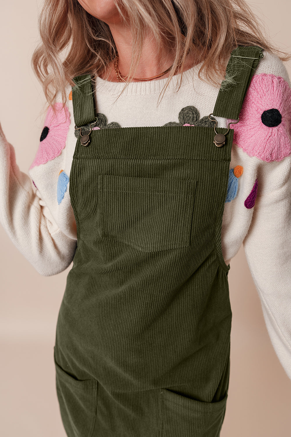 Vineyard Green Solid Front Pockets Sleeveless Corduroy Overall Dress-Bella Boutique Collective