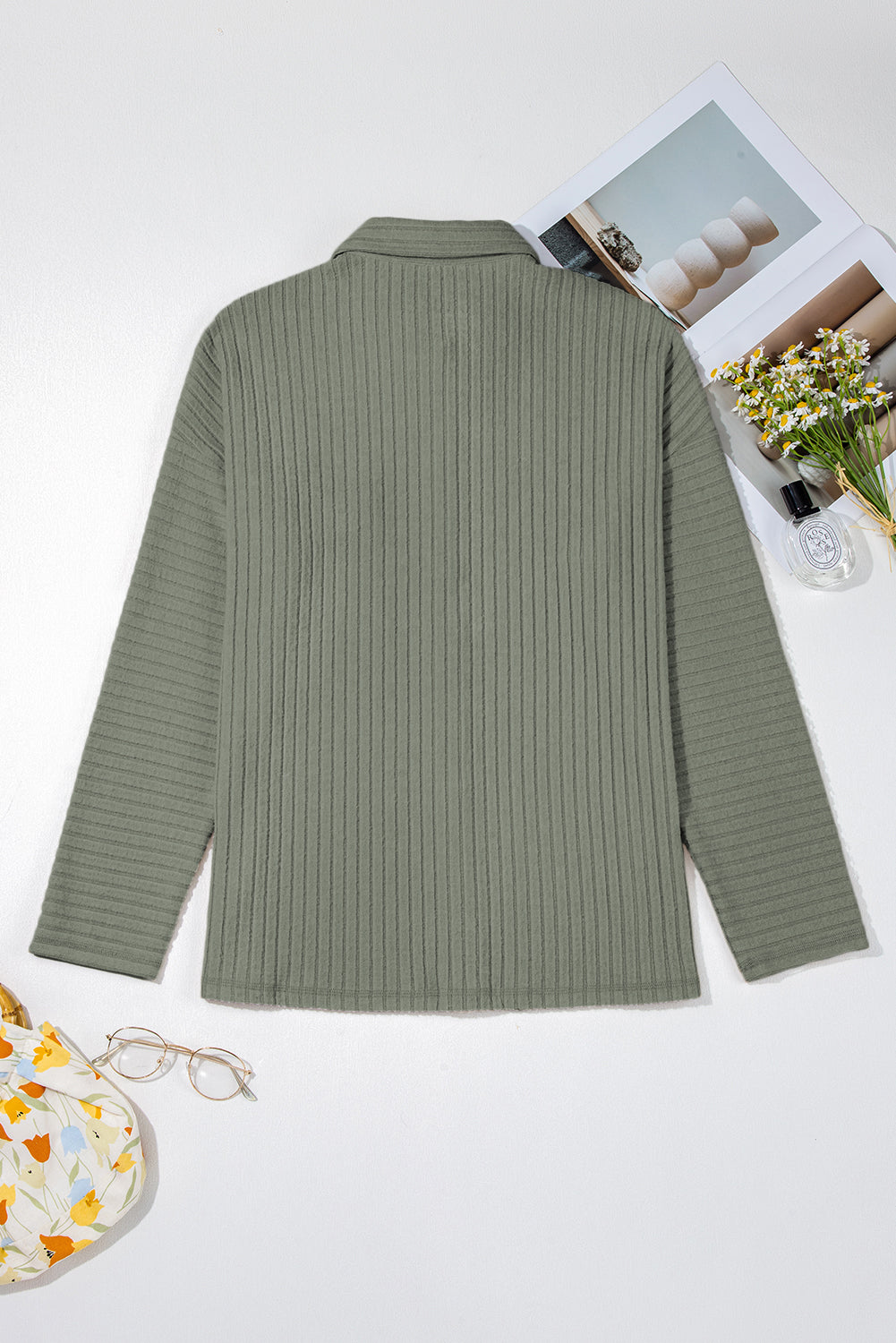 Mist Green Thermal Ribbed Texture Drop Shoulder Button Up Shacket-Bella Boutique Collective