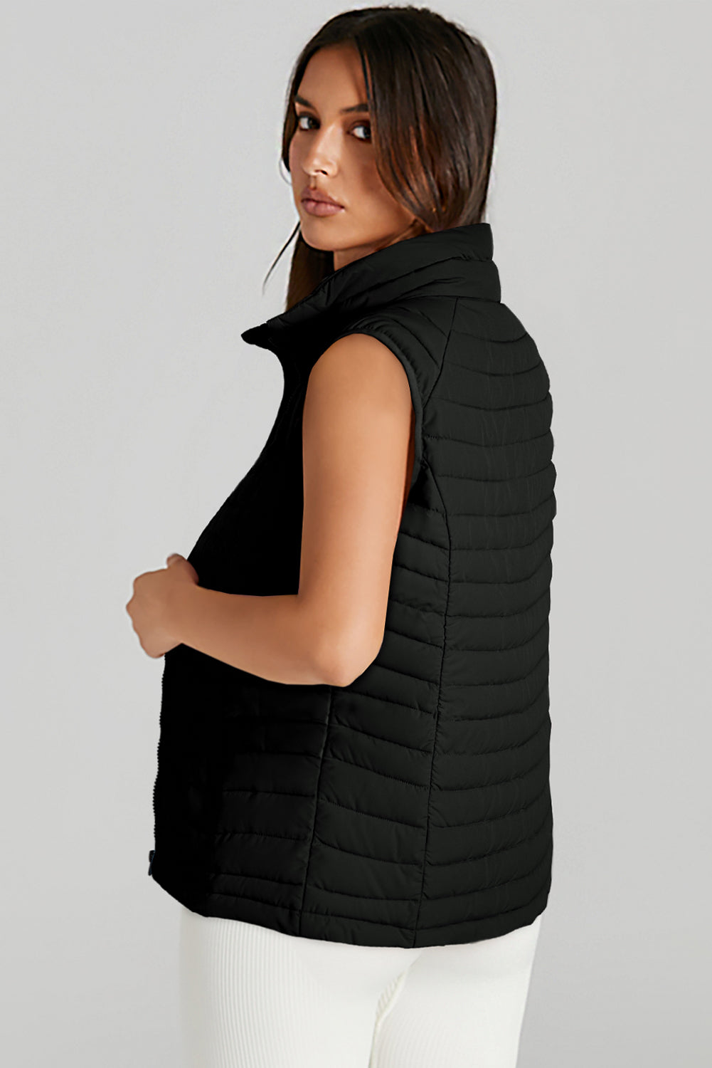 Black Plush Collared Quilted Zipped Puffer Vest-Bella Boutique Collective