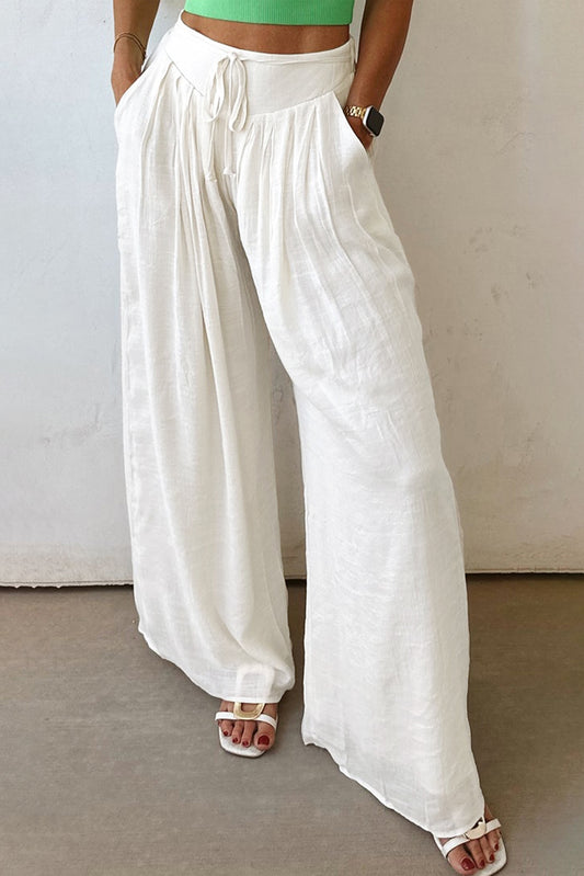 White Solid Drop Waist Pleated Wide Leg Casual Pants-Bella Boutique Collective
