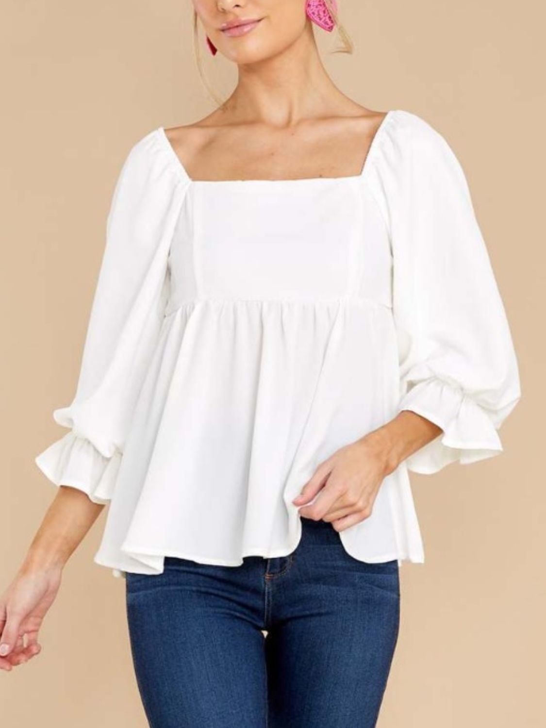 Smocked Square Neck Flounce Sleeve Blouse-Bella Boutique Collective