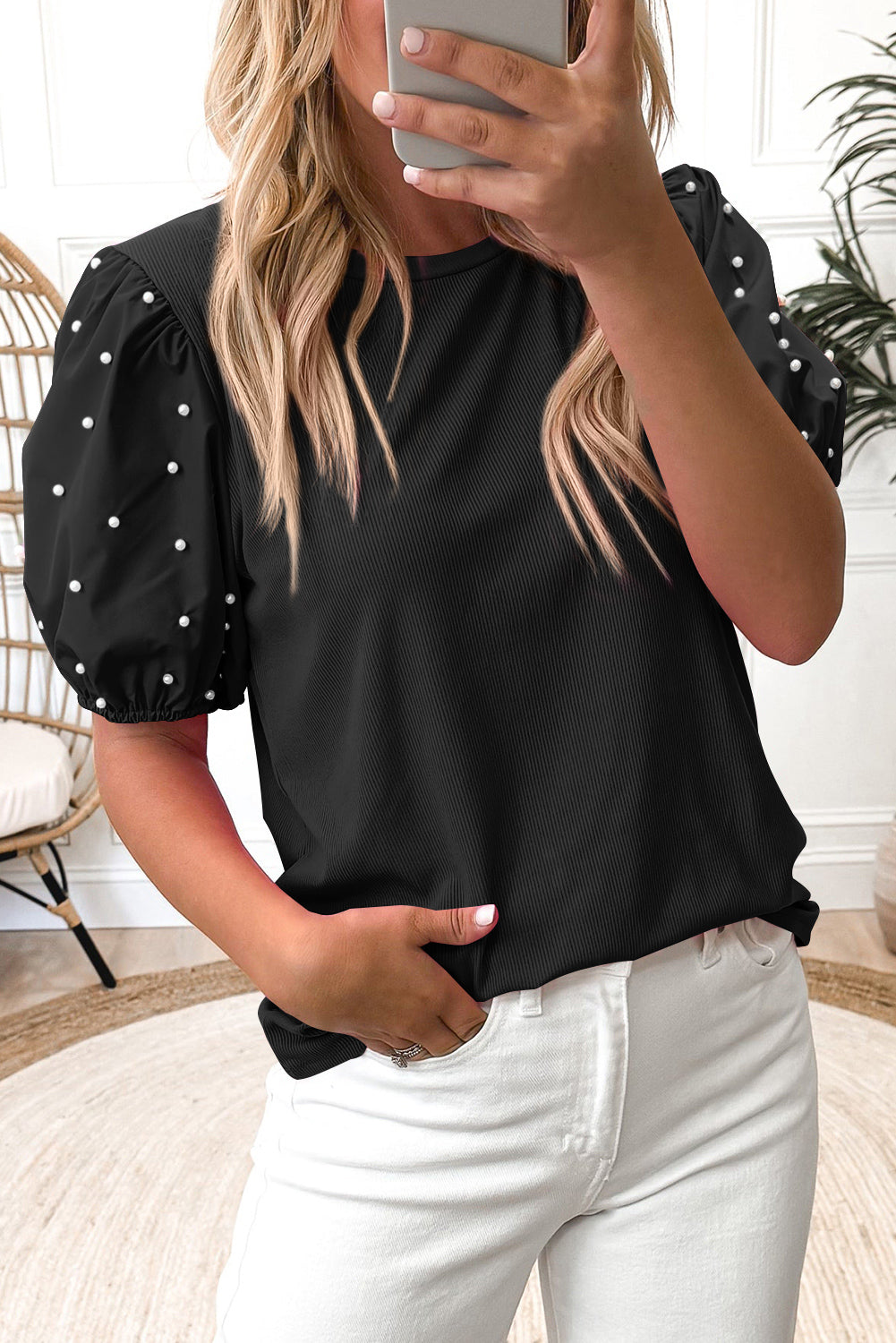 Black Ribbed Pearl Beaded Puff Sleeve Top-Bella Boutique Collective