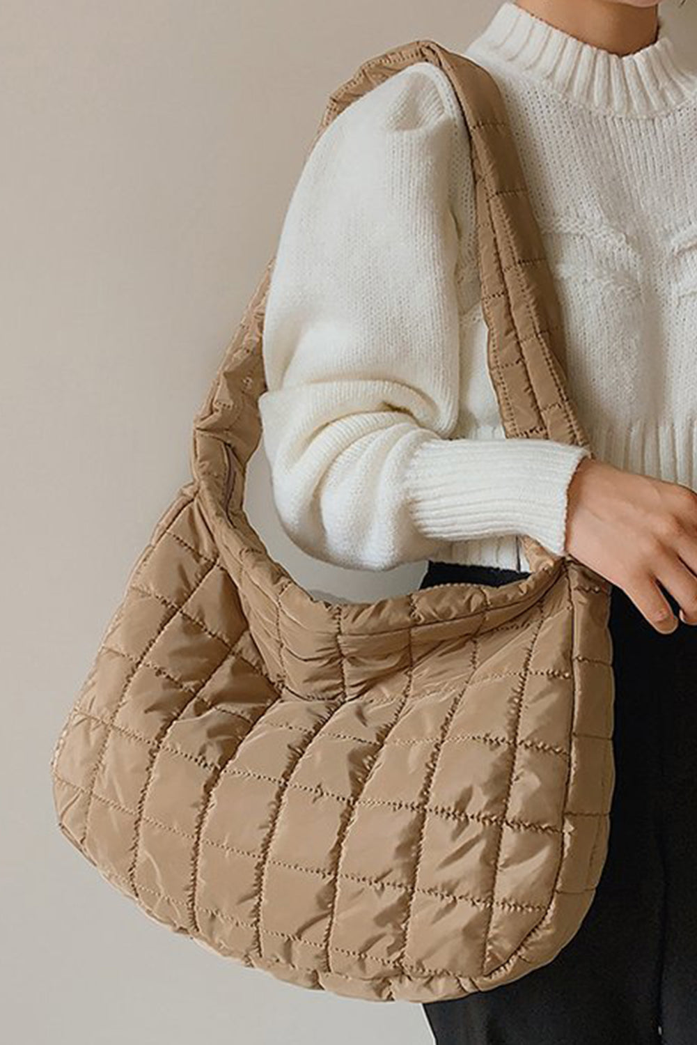 Light French Beige Quilted Zipper Large Shoulder Bag-Bella Boutique Collective