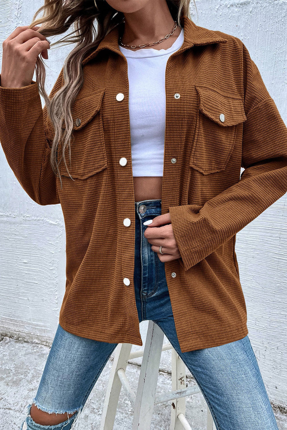 Brown Textured Flap Pocket Drop Shoulder Shacket-Bella Boutique Collective