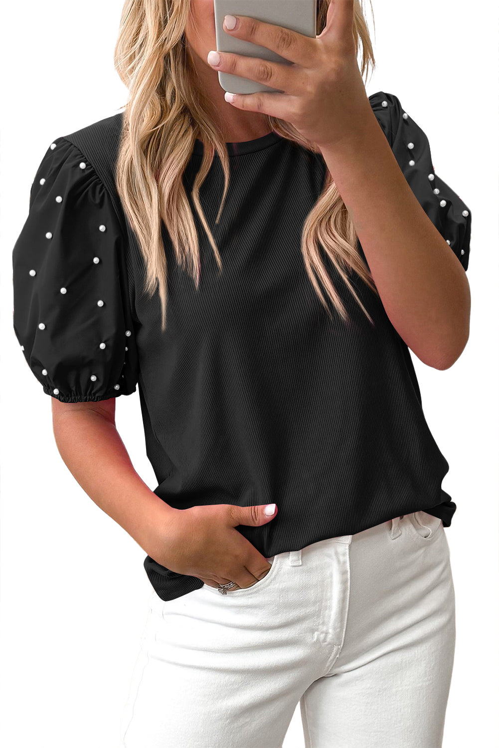 Black Ribbed Pearl Beaded Puff Sleeve Top-Bella Boutique Collective