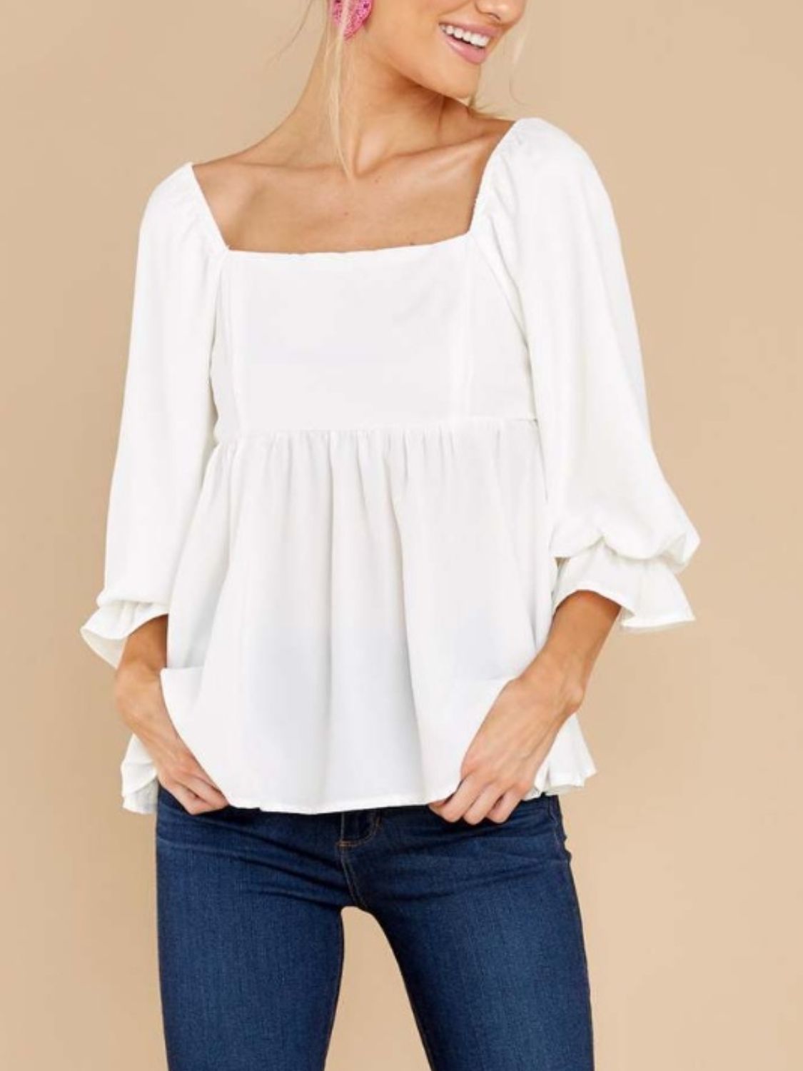 Smocked Square Neck Flounce Sleeve Blouse-Bella Boutique Collective
