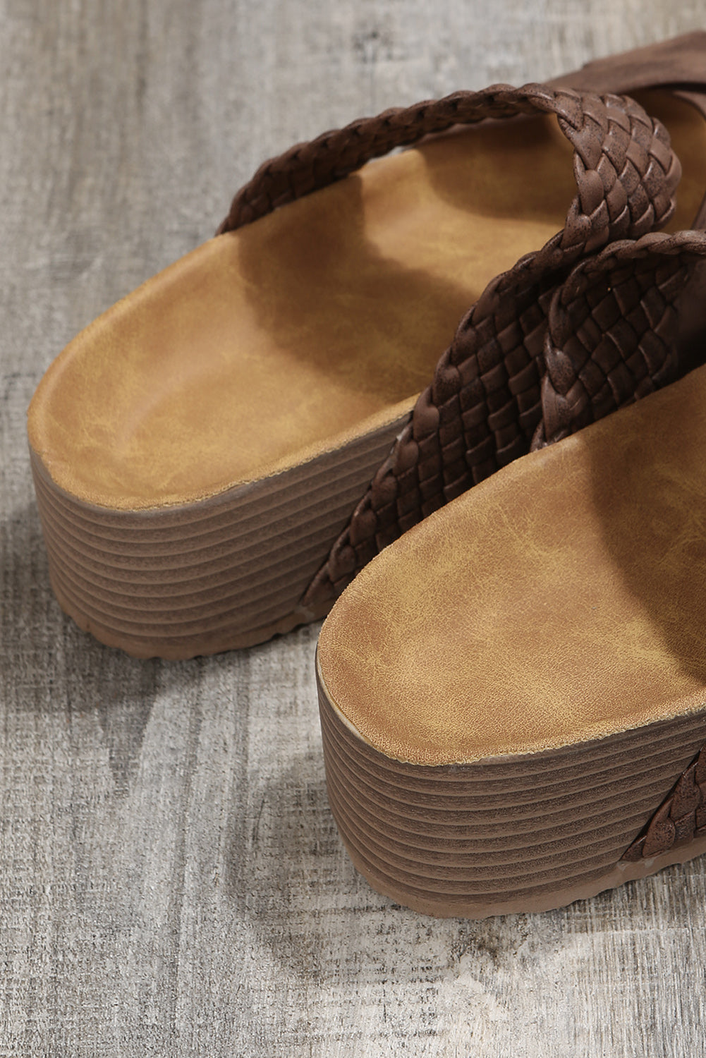 Brown Braided Detail Criss Cross Platform Slippers-Bella Boutique Collective