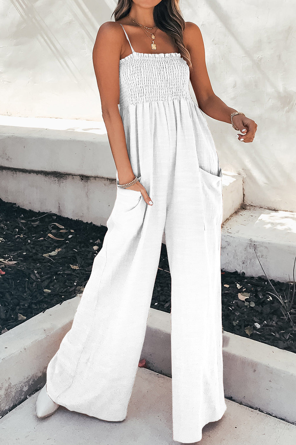 Smocked Spaghetti Strap Wide Leg Jumpsuit-Bella Boutique Collective
