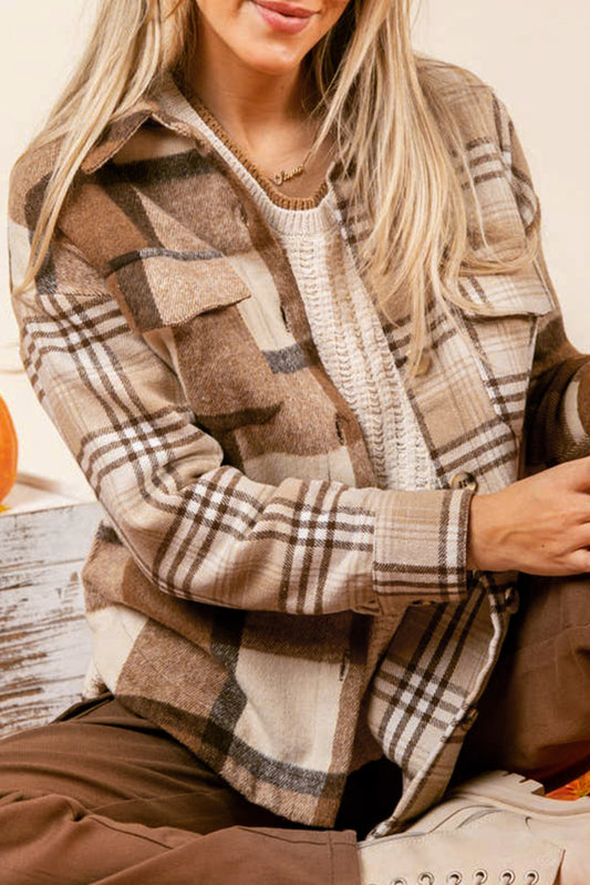 Light French Beige Flannel Plaid Double Flap Pocket Shacket-Bella Boutique Collective
