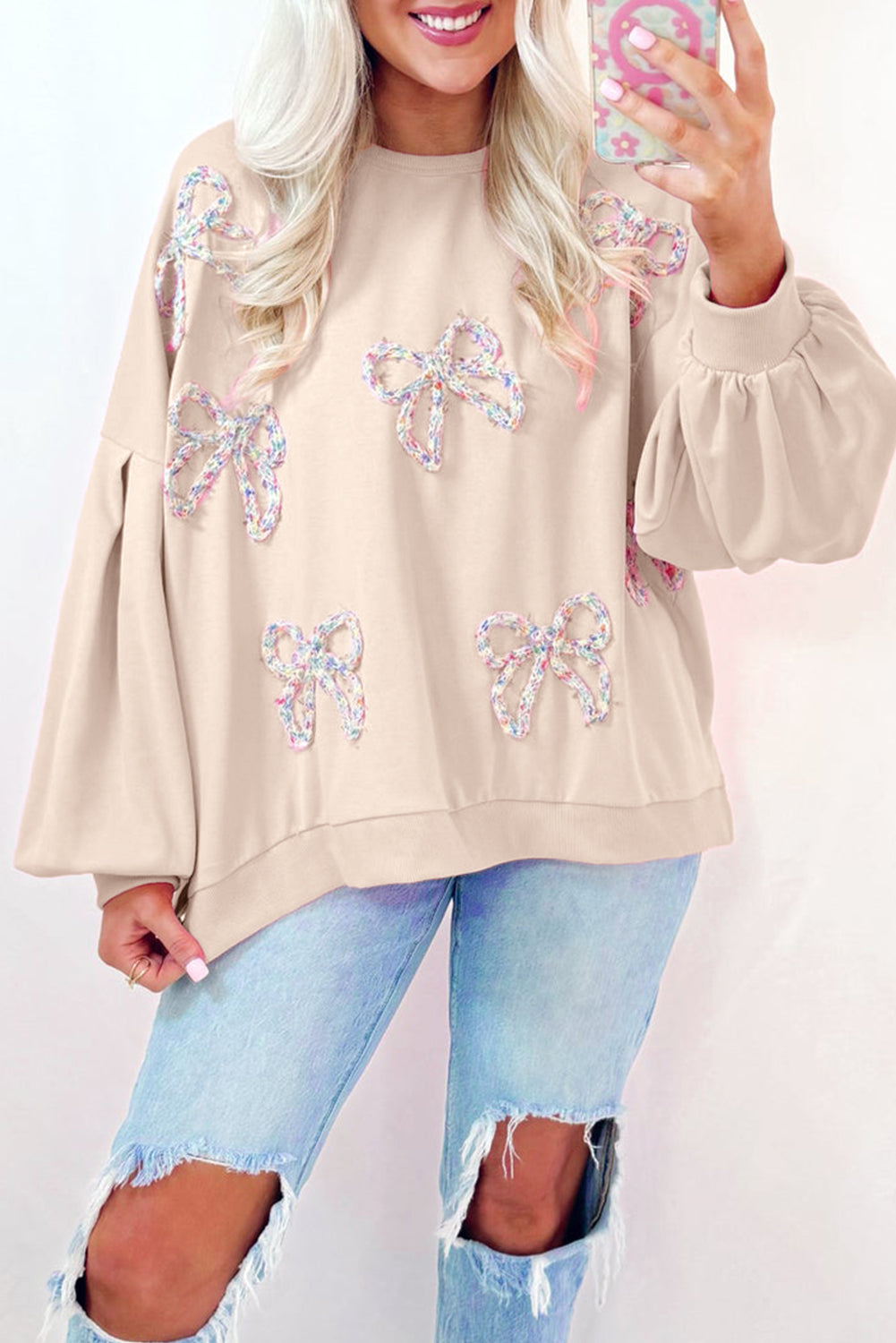 Parchment Embroidered Bow Lantern Sleeve Oversized Pullover Sweatshirt-Bella Boutique Collective