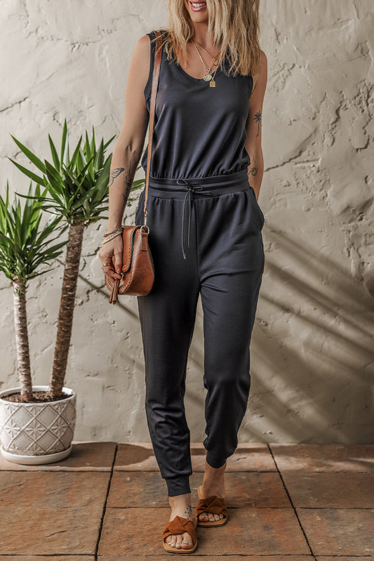 Black Casual Tank Style Tie Waist Pocketed Jogger Jumpsuit-Bella Boutique Collective