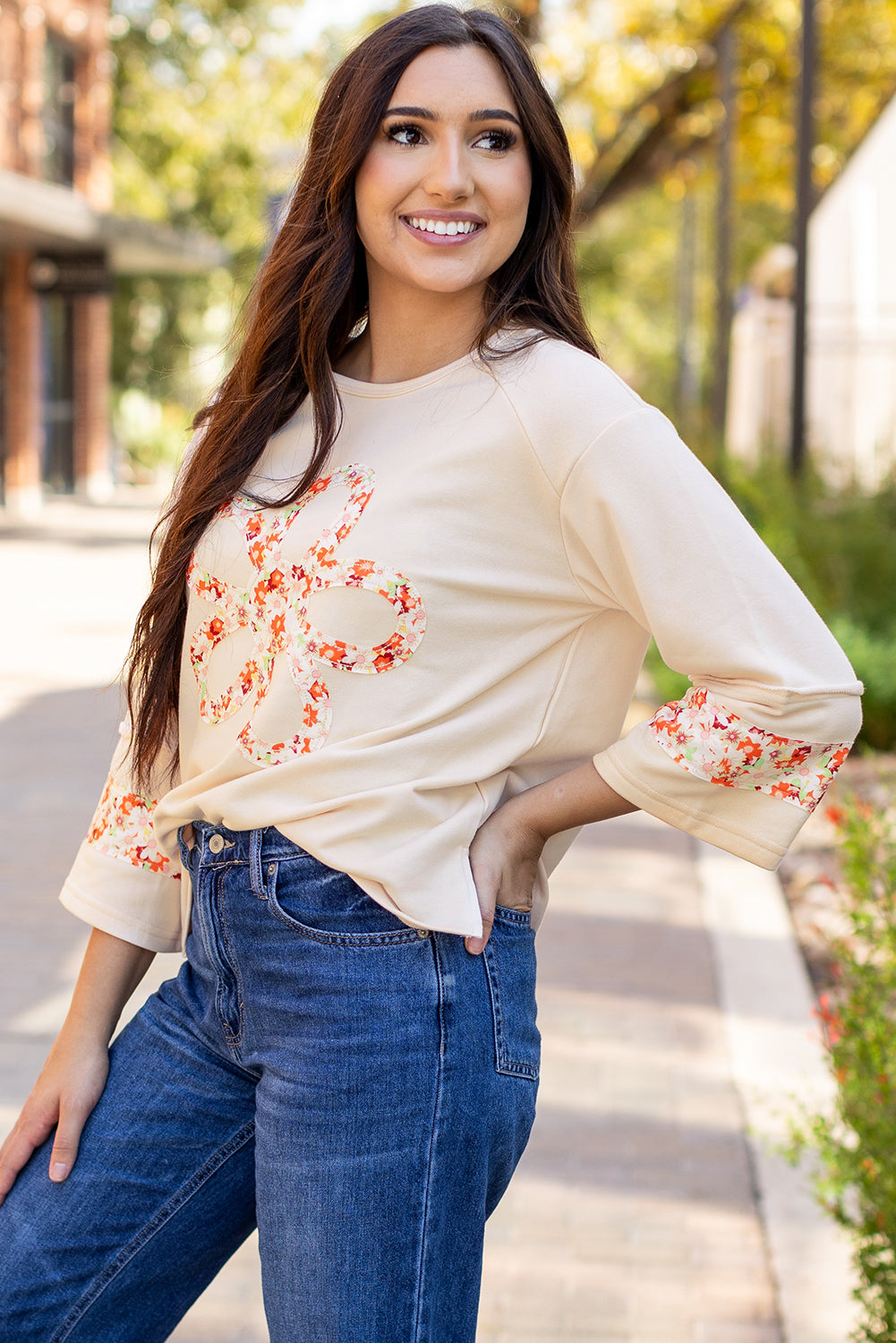 Beige Flower Patch Graphic Exposed Seam Wide Sleeve Top-Bella Boutique Collective