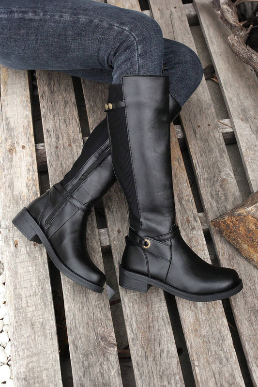 Black Side Zipper Knee High Chunky Low Heel Boots-Bella Boutique Collective