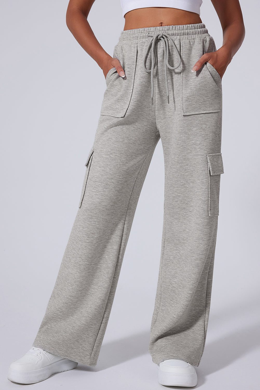Light Grey Multi Pockets Lace-up High Waist Wide Leg Workout Pants-Bella Boutique Collective