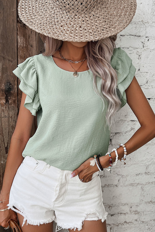 Clearly Aqua Solid Color Ruffled Short Sleeve Casual Blouse-Bella Boutique Collective