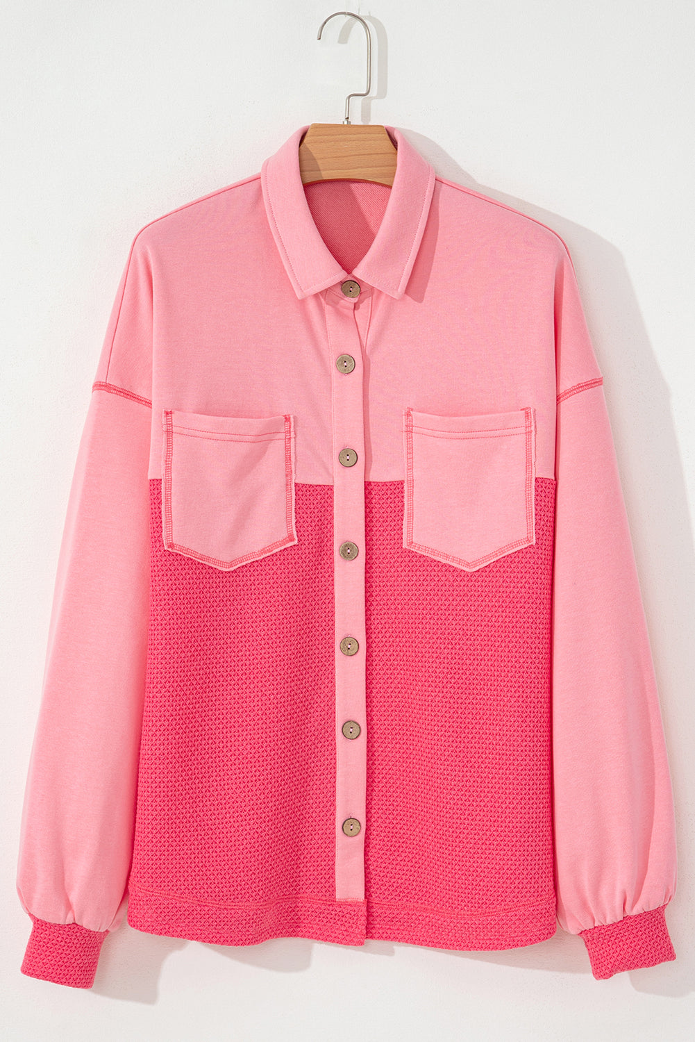 Peach Blossom Two Tone Contrast Waffle Knit Buttoned Loose Shacket-Bella Boutique Collective