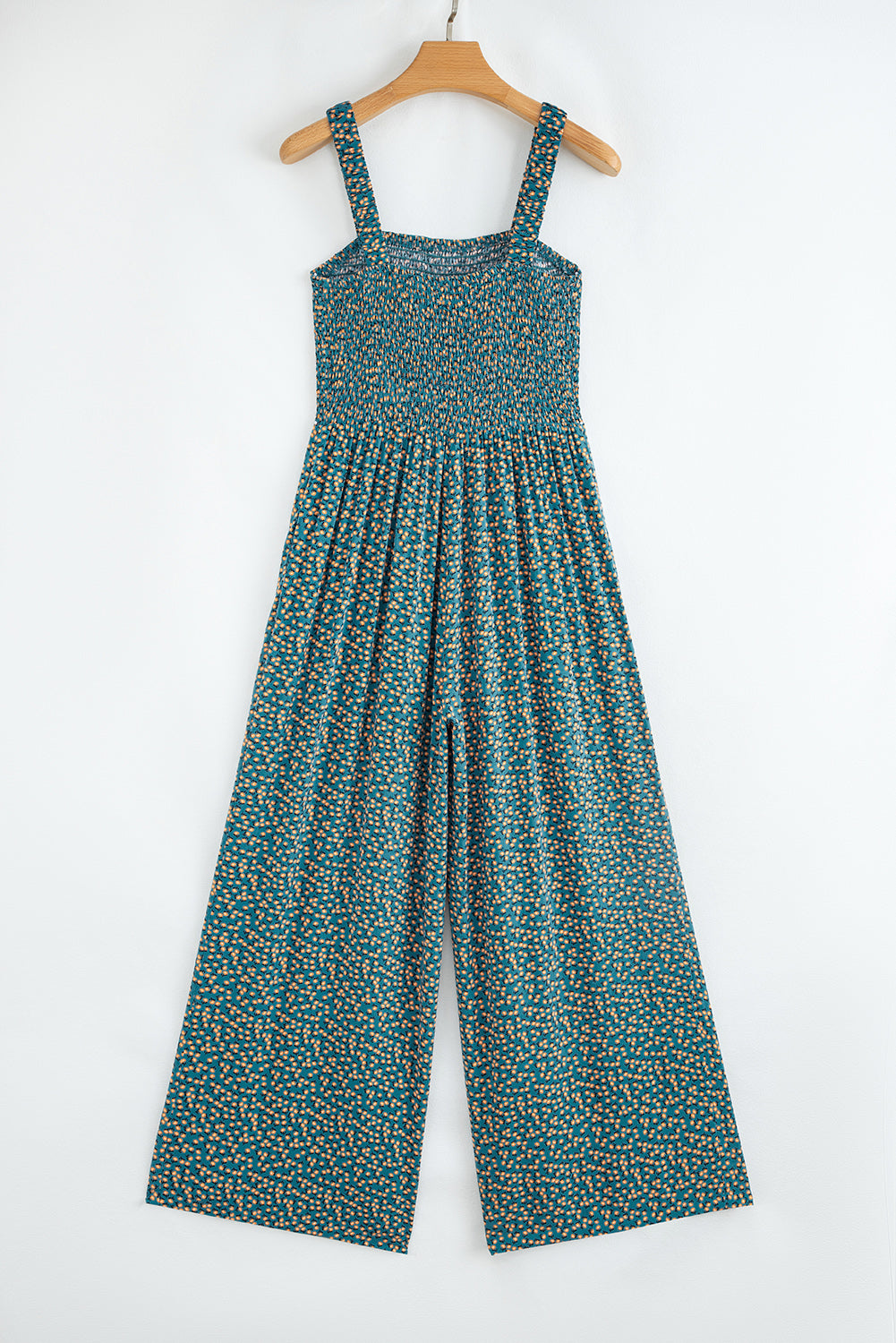 Green Floral Print Smocked High Waist Square Neck Jumpsuit-Bella Boutique Collective