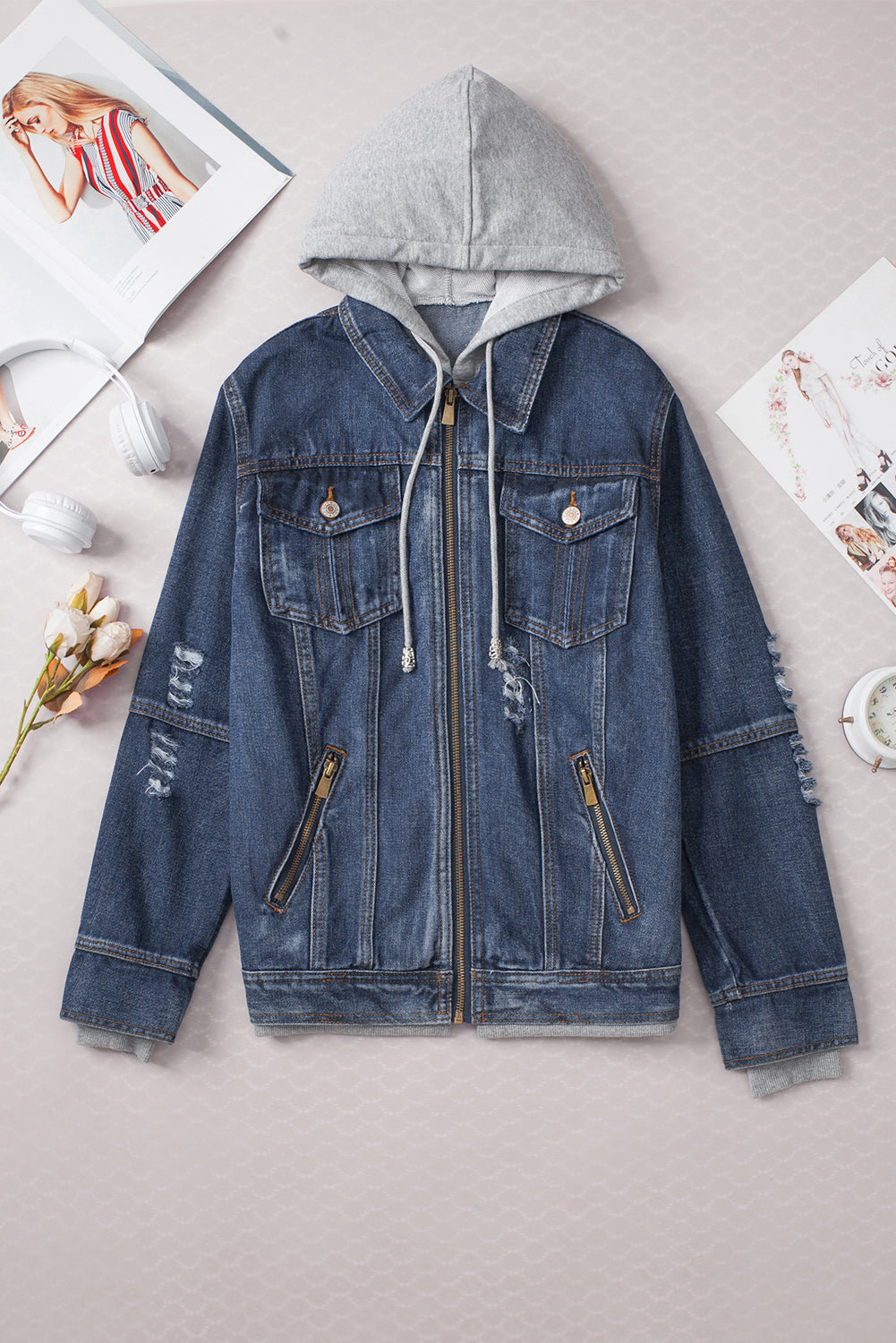 Dark Blue Fake Two-Piece Hooded Zip-Up Denim Jacket-Bella Boutique Collective