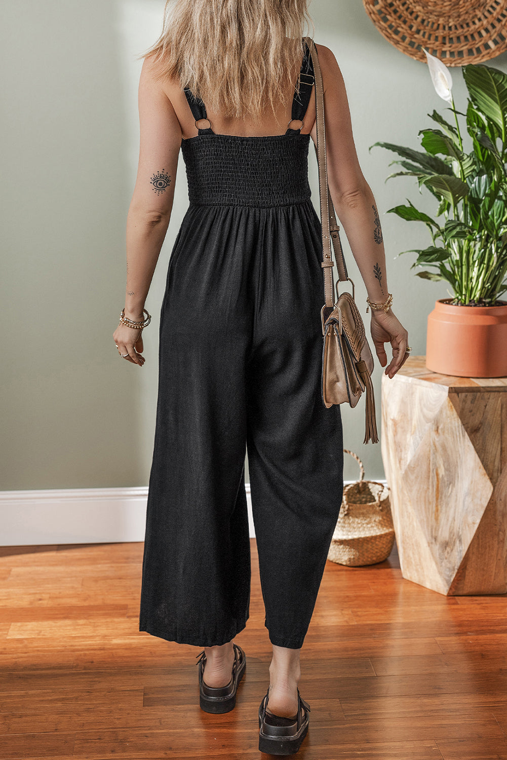 Black Front Cut Out Smocked Back Sleeveless Wide Leg Jumpsuit-Bella Boutique Collective