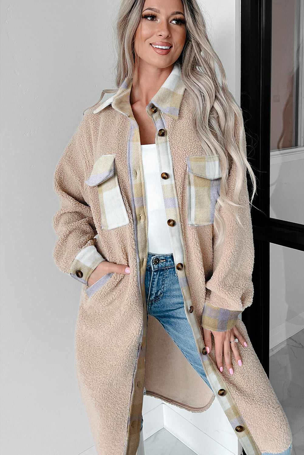 Smoke Gray Plaid Patchwork Collared Button-up Sherpa Long Coat-Bella Boutique Collective