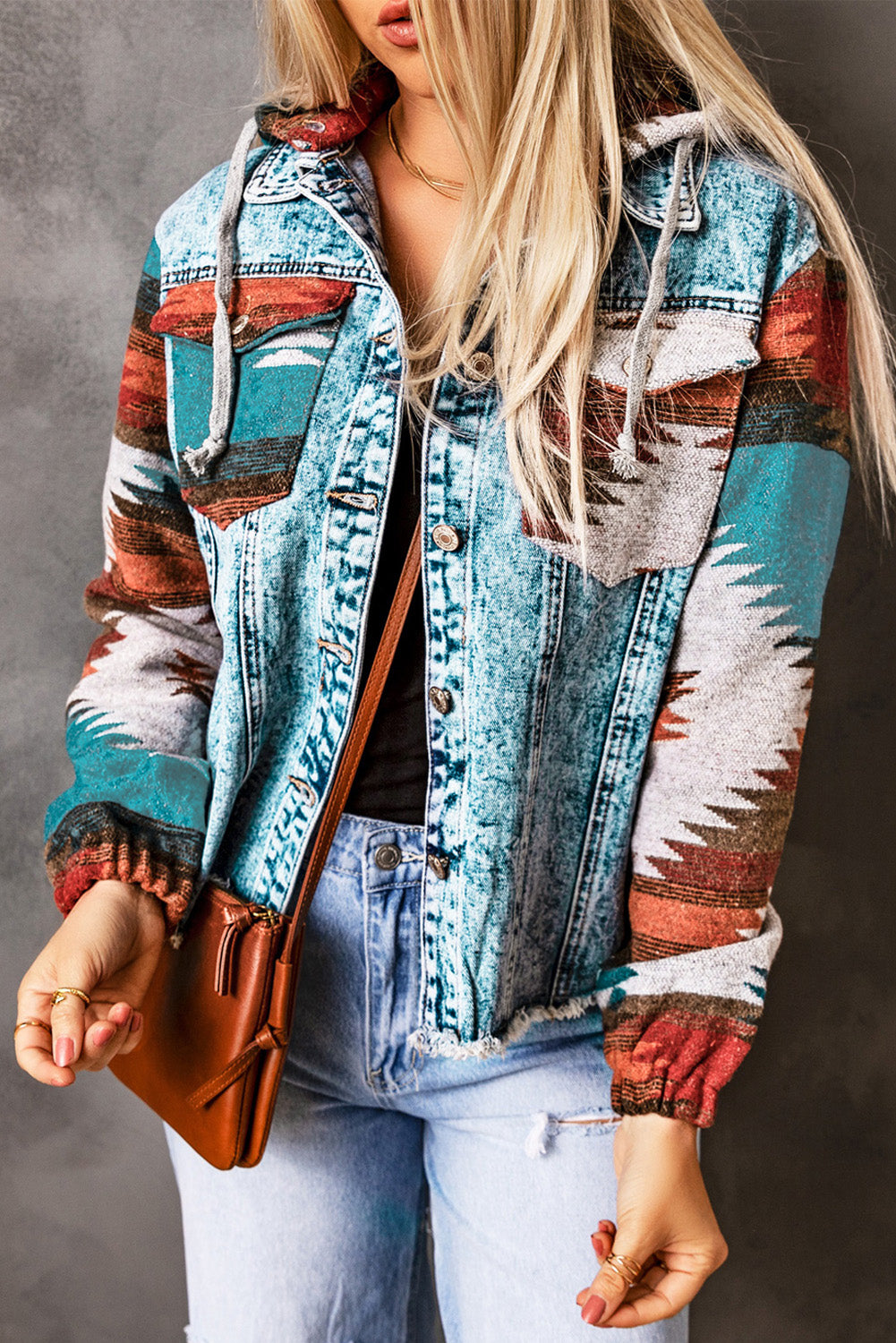Multicolor Aztec Print Frayed Hem Denim Jacket-Bella Boutique Collective