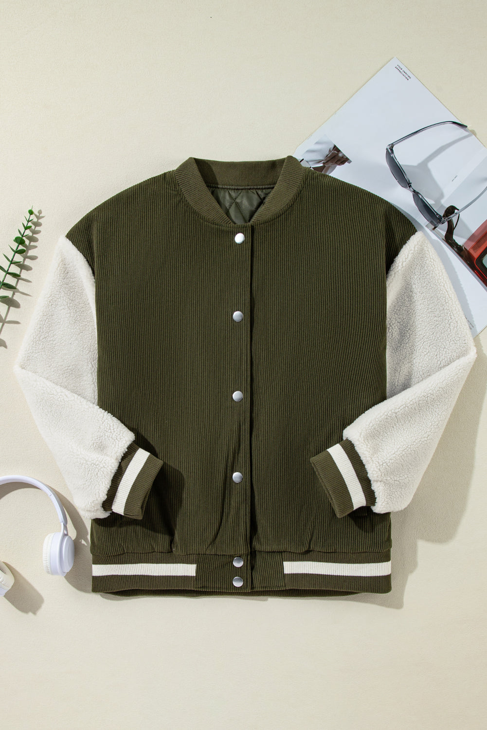 Mist Green Corduroy Fleece Patchwork Buttoned Bomber Jacket-Bella Boutique Collective