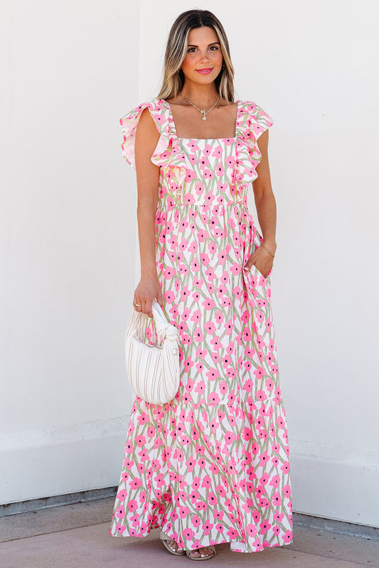 Pink Floral Print Square Neck Ruffled Strap Maxi Dress-Bella Boutique Collective