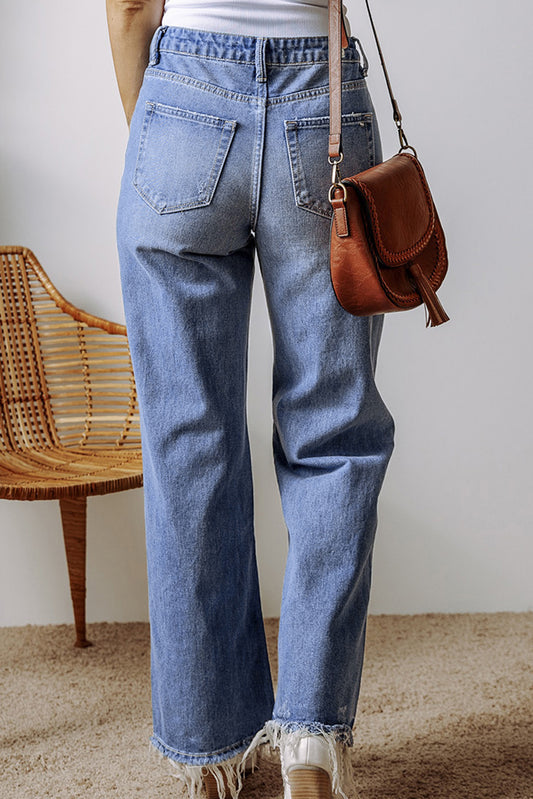 Ashleigh Blue Distressed Raw Hem Straight Leg High Waist Jeans-Bella Boutique Collective