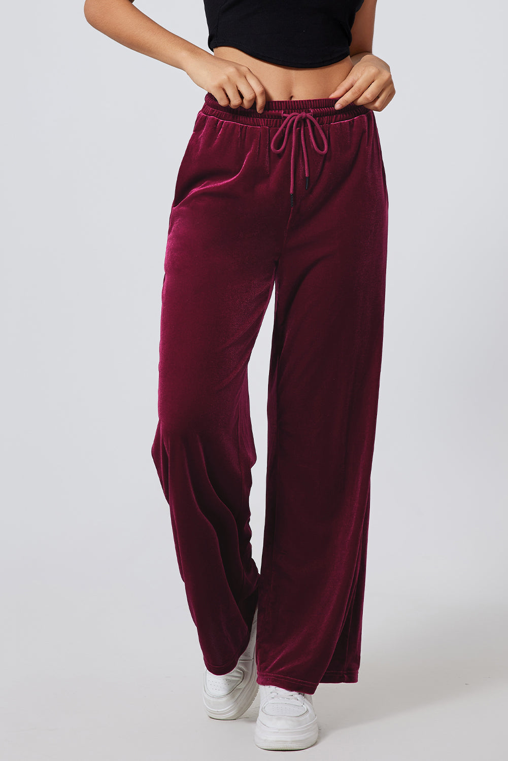 Burgundy Solid Drawstring Waist Wide Leg Pants-Bella Boutique Collective