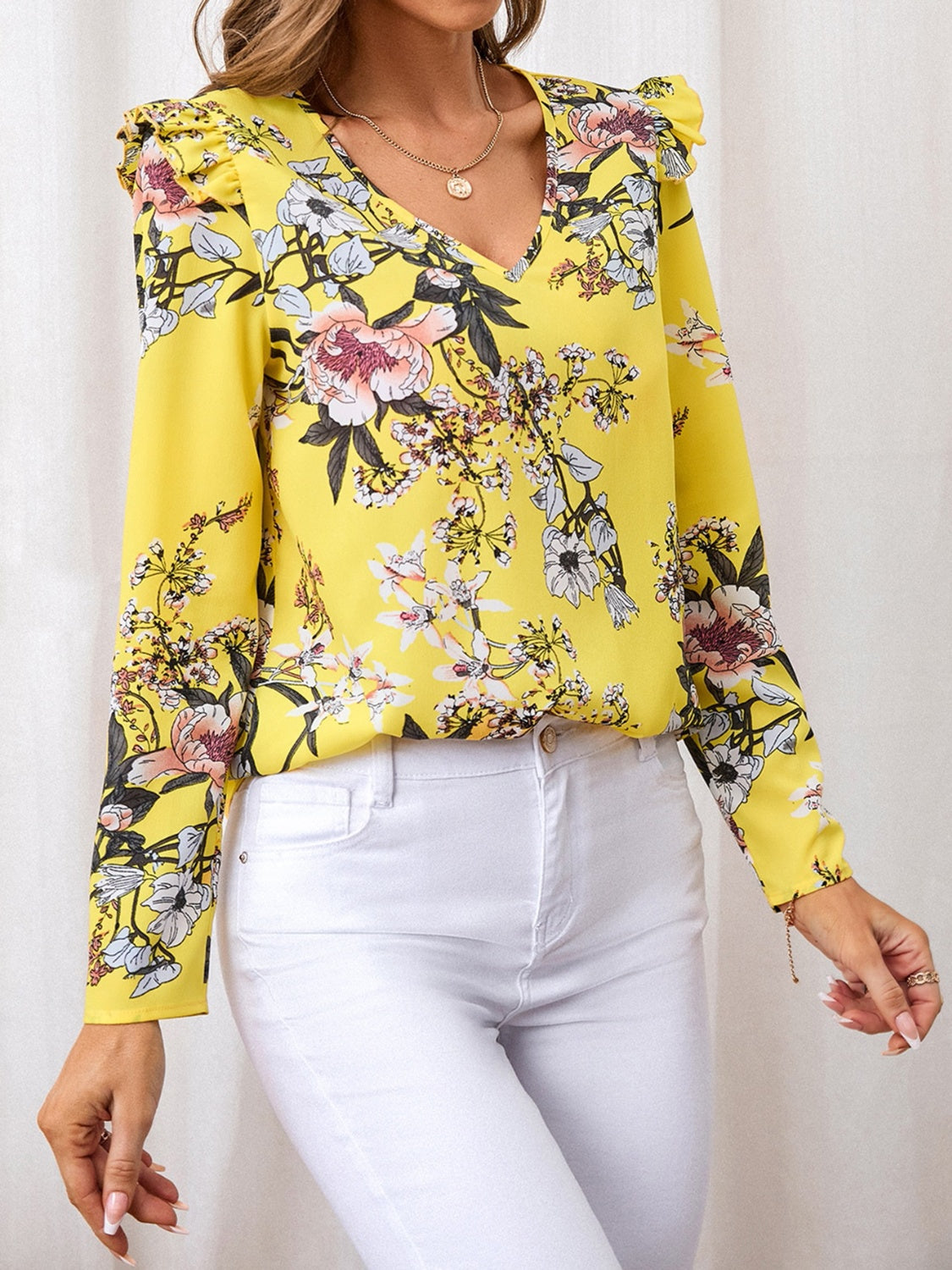 Ruffled Printed V-Neck Long Sleeve Blouse-Bella Boutique Collective