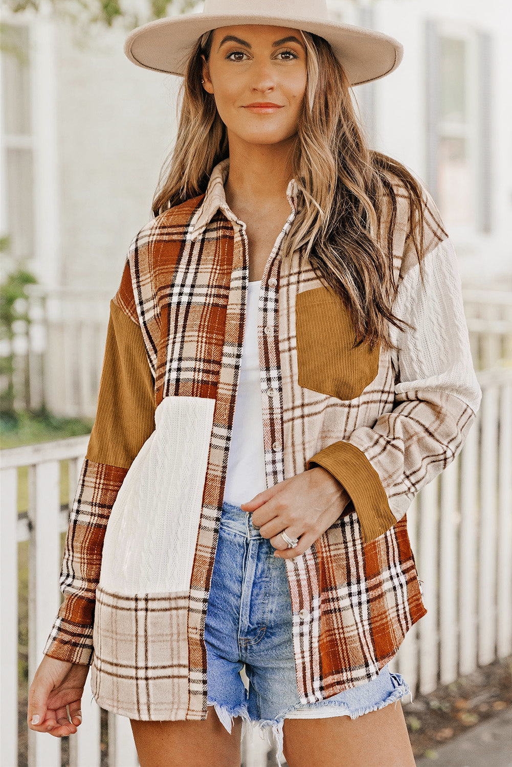 Orange Plaid Color Block Patchwork Shirt Jacket with Pocket-Bella Boutique Collective