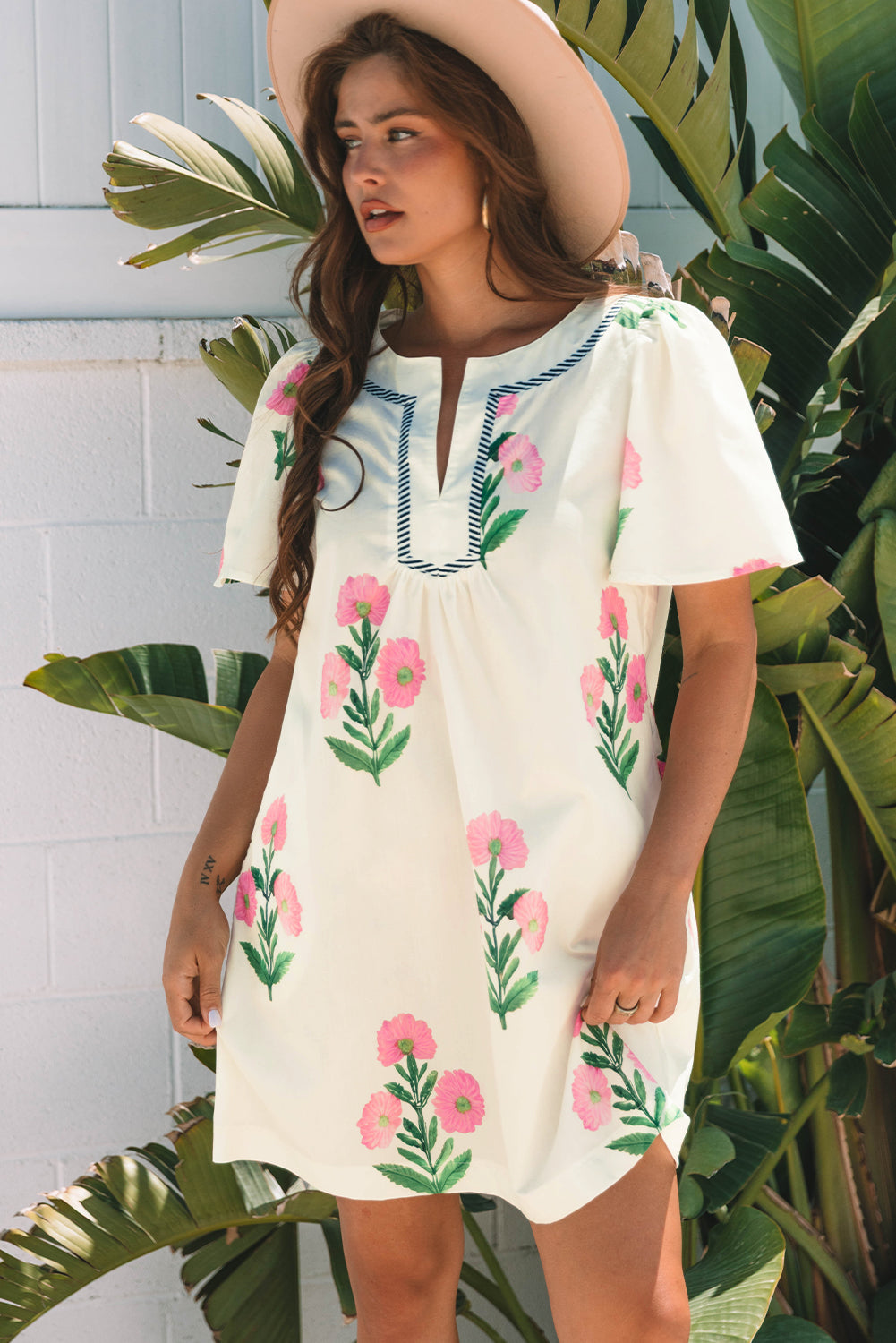 Apricot Floral Short Sleeve Split Neck Loose Mini Dress-Bella Boutique Collective