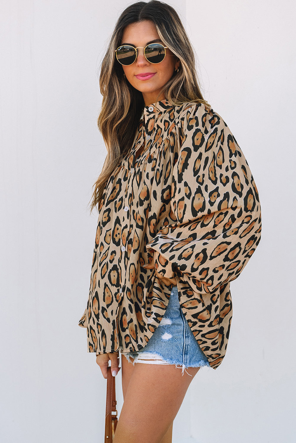 Light French Beige Oversized Leopard Print Balloon Sleeve Casual Shirt-Bella Boutique Collective