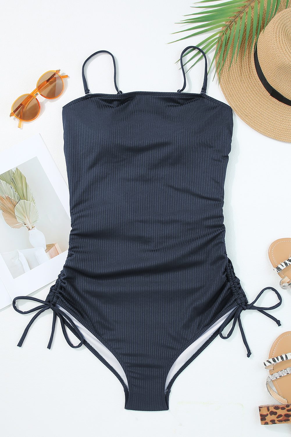 Navy Blue Ribbed Drawstring Sides Cutout One Piece Swimsuit-Bella Boutique Collective