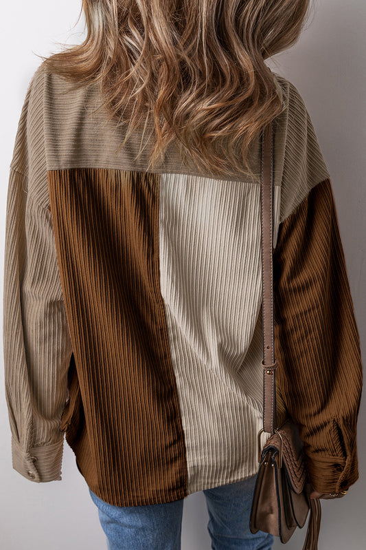 Brown Color Block Chest Pockets Buttoned Corduroy Shacket-Bella Boutique Collective