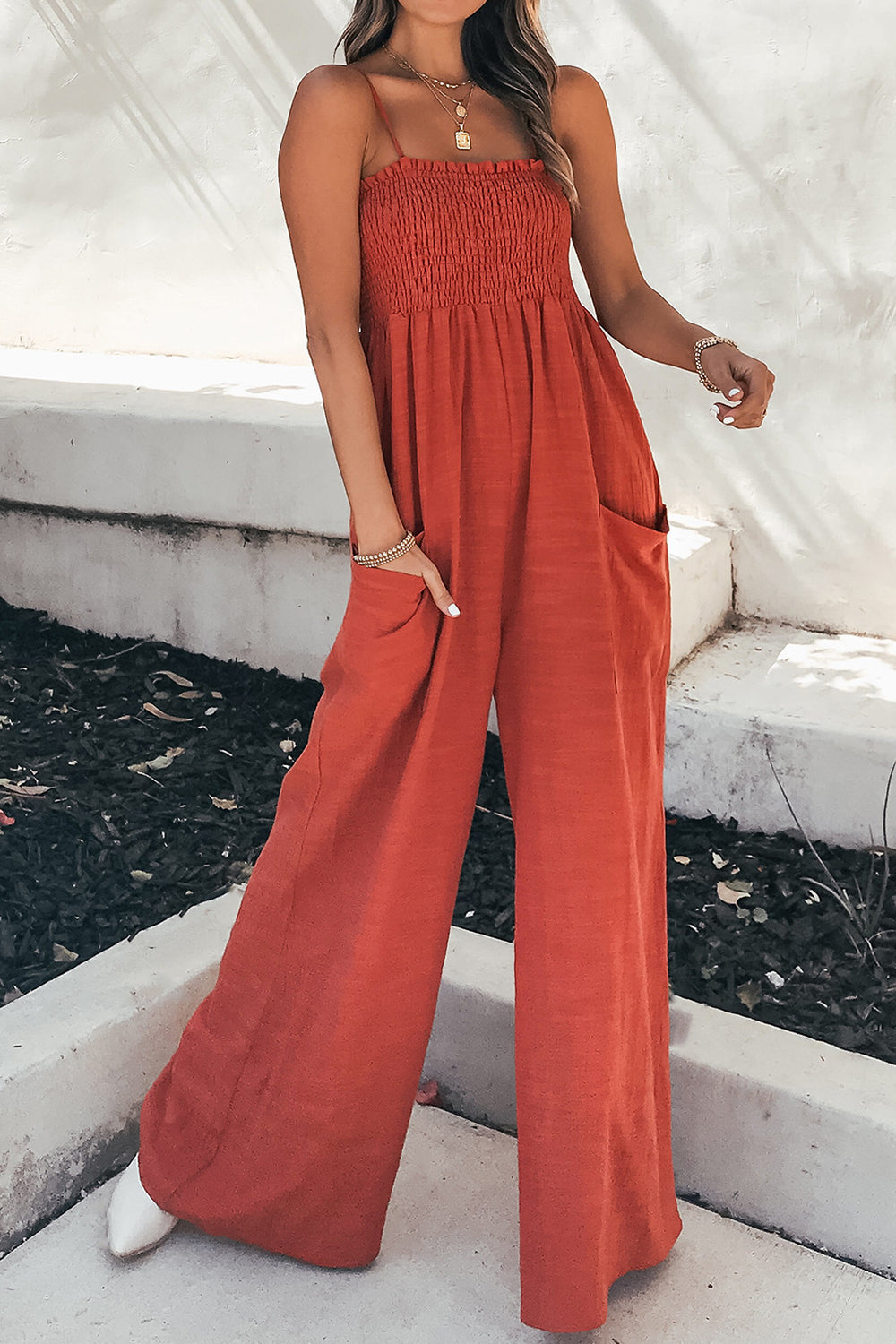 Smocked Spaghetti Strap Wide Leg Jumpsuit-Bella Boutique Collective