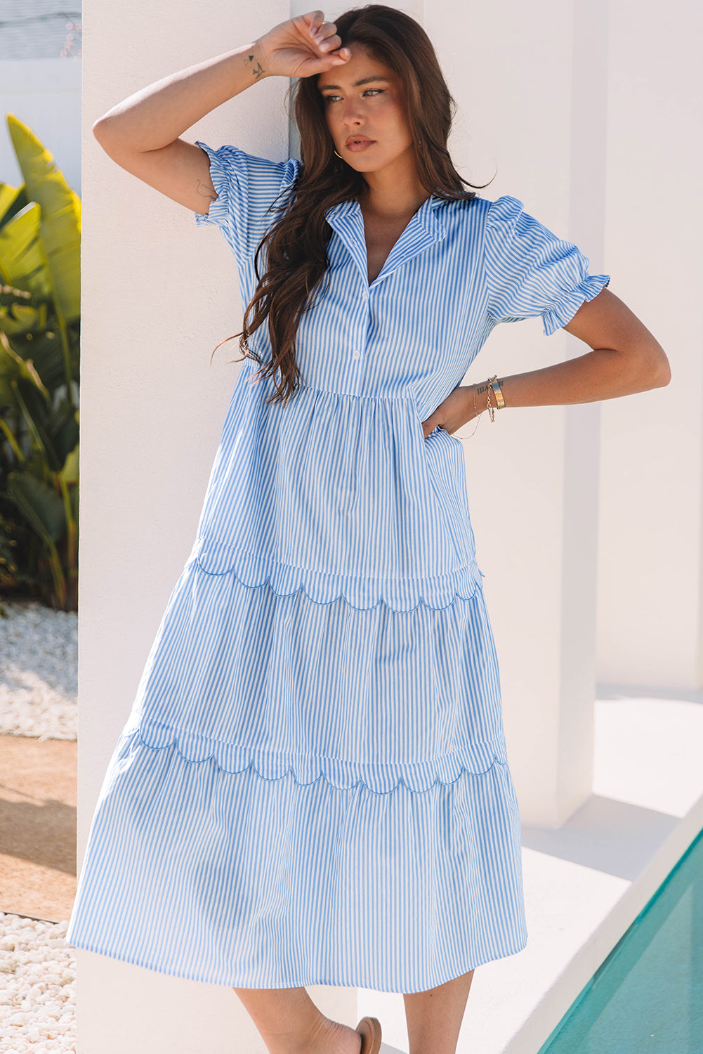 Sky Blue Stripe Bubble Short Sleeve Tiered Scallop Long Dress-Bella Boutique Collective